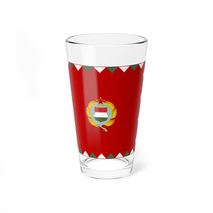 Red Hungarian flag with a white and green triangular border and a central communist coat of arms in flat vector style