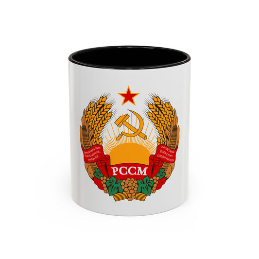 Gold wheat wreath with a hammer and sickle over a sunrise, a red star above and red ribbons with Cyrillic lettering.