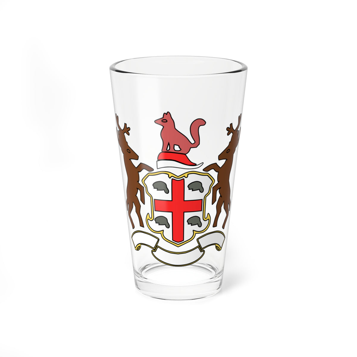 Heraldic coat of arms with two brown stags supporting a white shield bearing a red cross, topped by a red squirrel.