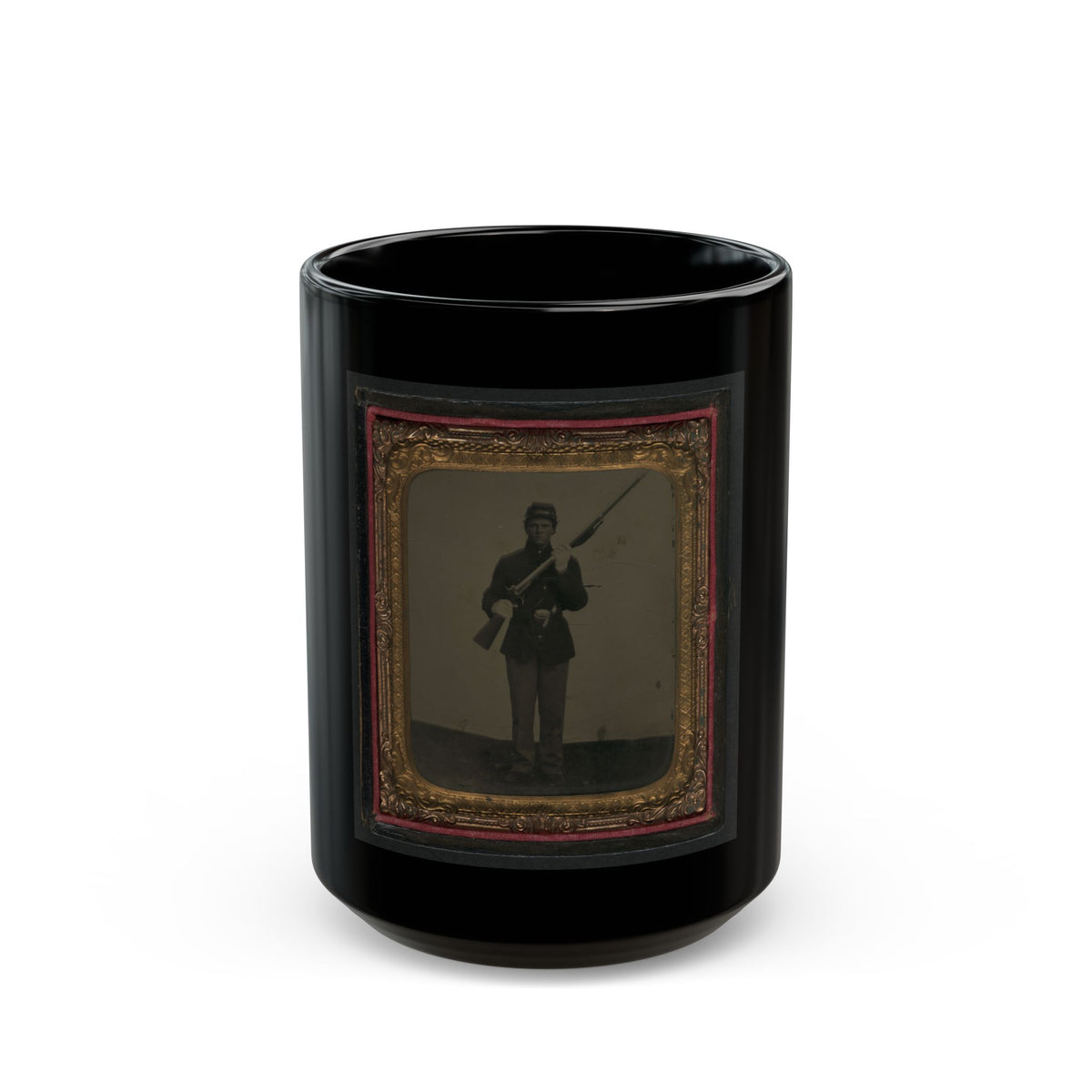 Unidentified Soldier In Union Uniform And Dress Gloves With Musket, Revolver, And Cap Box (U.S. Civil War) Black Coffee Mug