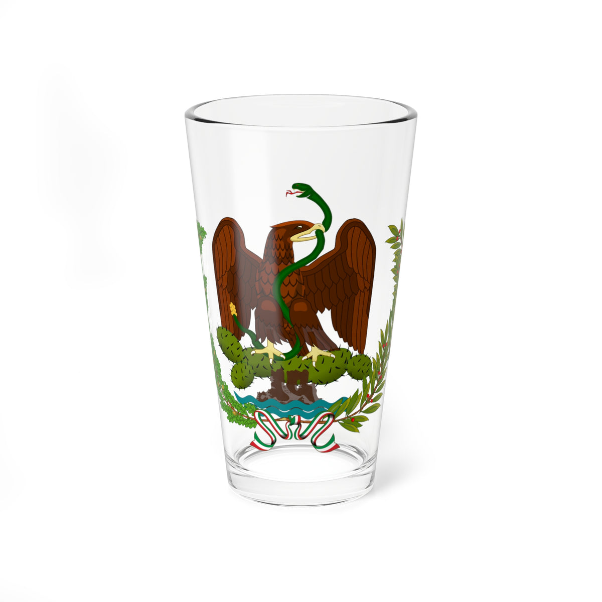 Eagle with a green snake in its beak perched on a cactus, framed by oak and laurel branches and a tricolour ribbon.