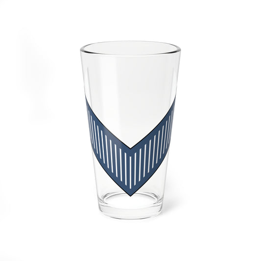 Slate blue chevron with thin vertical white stripes, a flat vector military rank insignia on white.