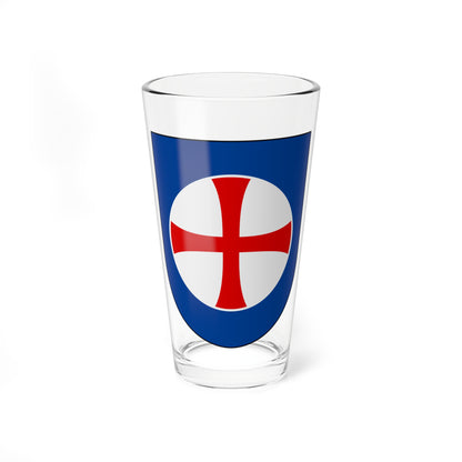 Red flared cross on a white roundel at the centre of a navy blue heraldic shield, on a white background.