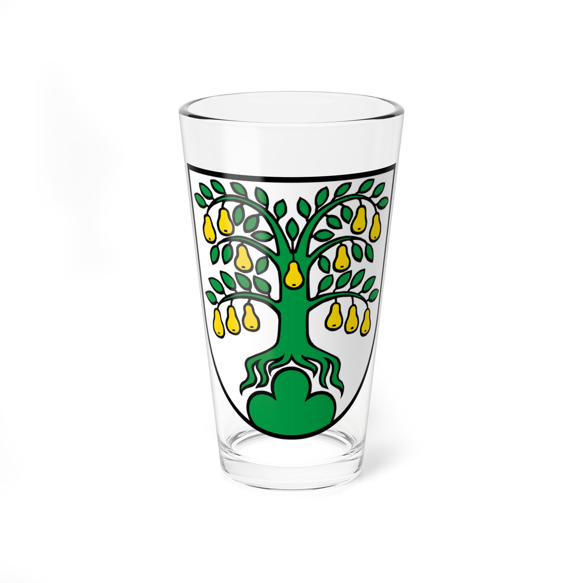 White heraldic shield with a green pear tree bearing yellow pears, standing on a green mound.