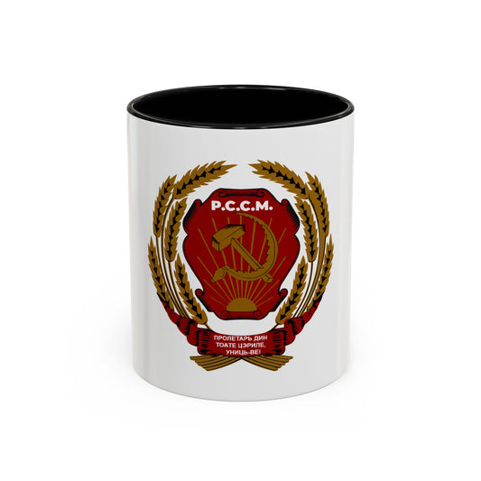 Red shield with a gold hammer and sickle over a sunrise, framed by a gold wheat wreath and red Cyrillic ribbon.