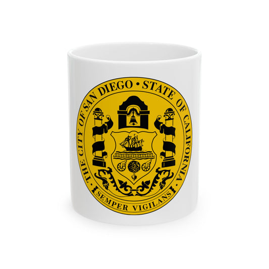 Gold and black circular civic seal reading The City of San Diego, State of California, with a ship and bell.