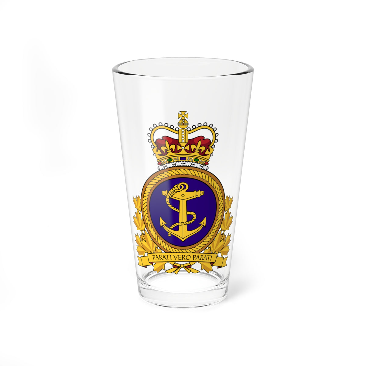 Gold naval badge with a rope-edged anchor on an indigo field, topped by a crown and a motto ribbon.