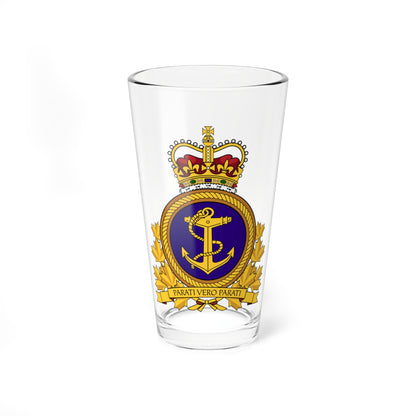 Gold naval badge with a rope-edged anchor on an indigo field, topped by a crown and a motto ribbon.