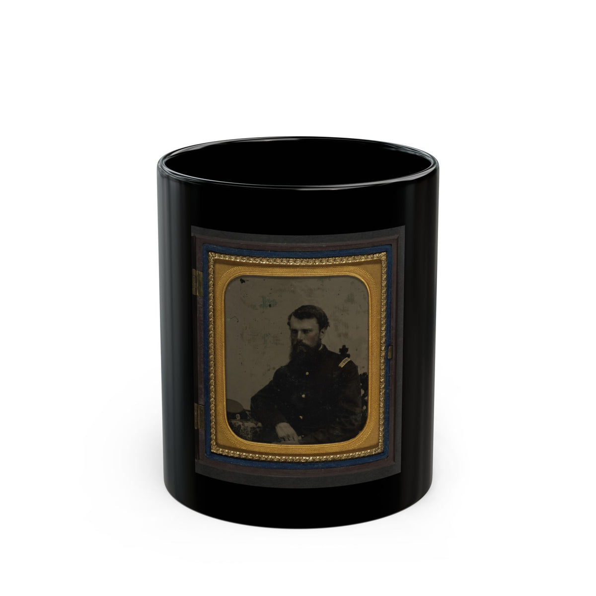 Unidentified Soldier In Union Captain Uniform Resting Arm On Table With Kepi On Top (U.S. Civil War) Black Coffee Mug
