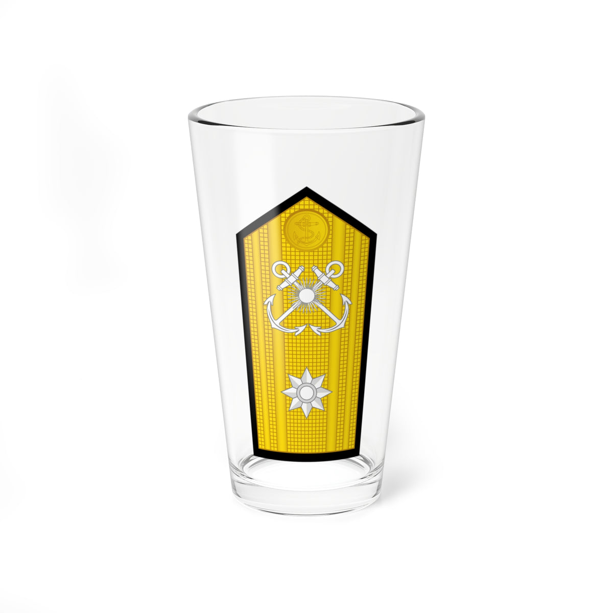 Gold naval shoulder board with white crossed anchors, a sun burst and a silver eight-pointed star.