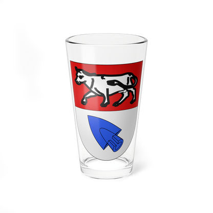 A white cow walks across a red upper band above a blue ploughshare on a silver heraldic shield.