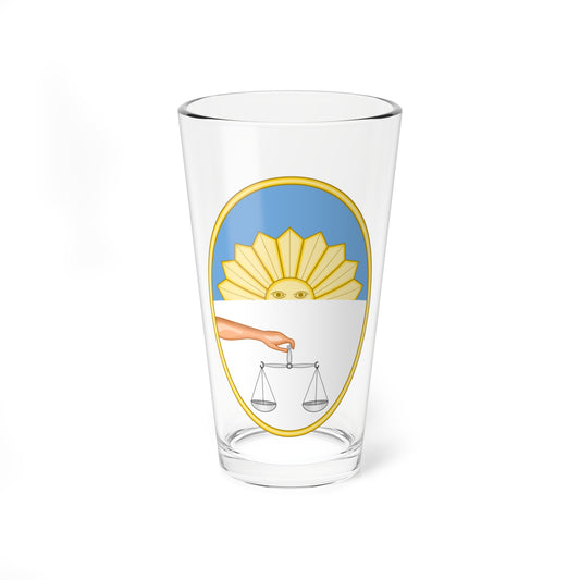 Vector oval emblem with a gold-rayed rising sun over blue sky and a hand holding balance scales on white.