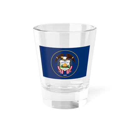 The new 2024 version of the Utah Historic State Flag or U.S.S. Utah version (United States) Shot Glass 1.5oz