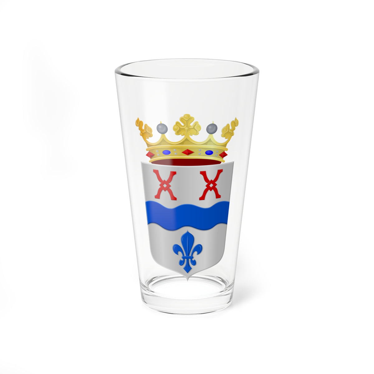 Coat of arms with a silver shield, two red saltire crosses, a blue wavy band, a blue fleur-de-lis, and a gold crown.