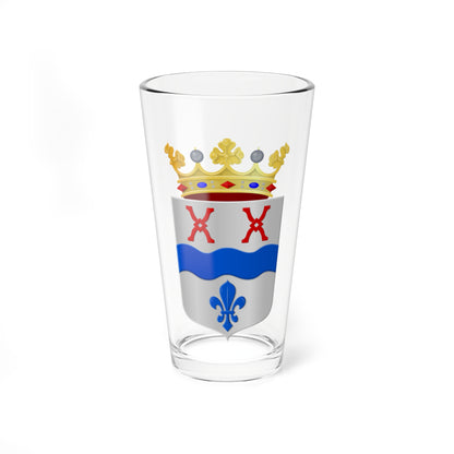 Coat of arms with a silver shield, two red saltire crosses, a blue wavy band, a blue fleur-de-lis, and a gold crown.