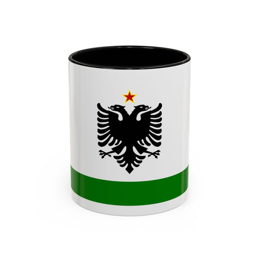 White flag with a black double-headed eagle, a red star with yellow outline above it and a green base band.
