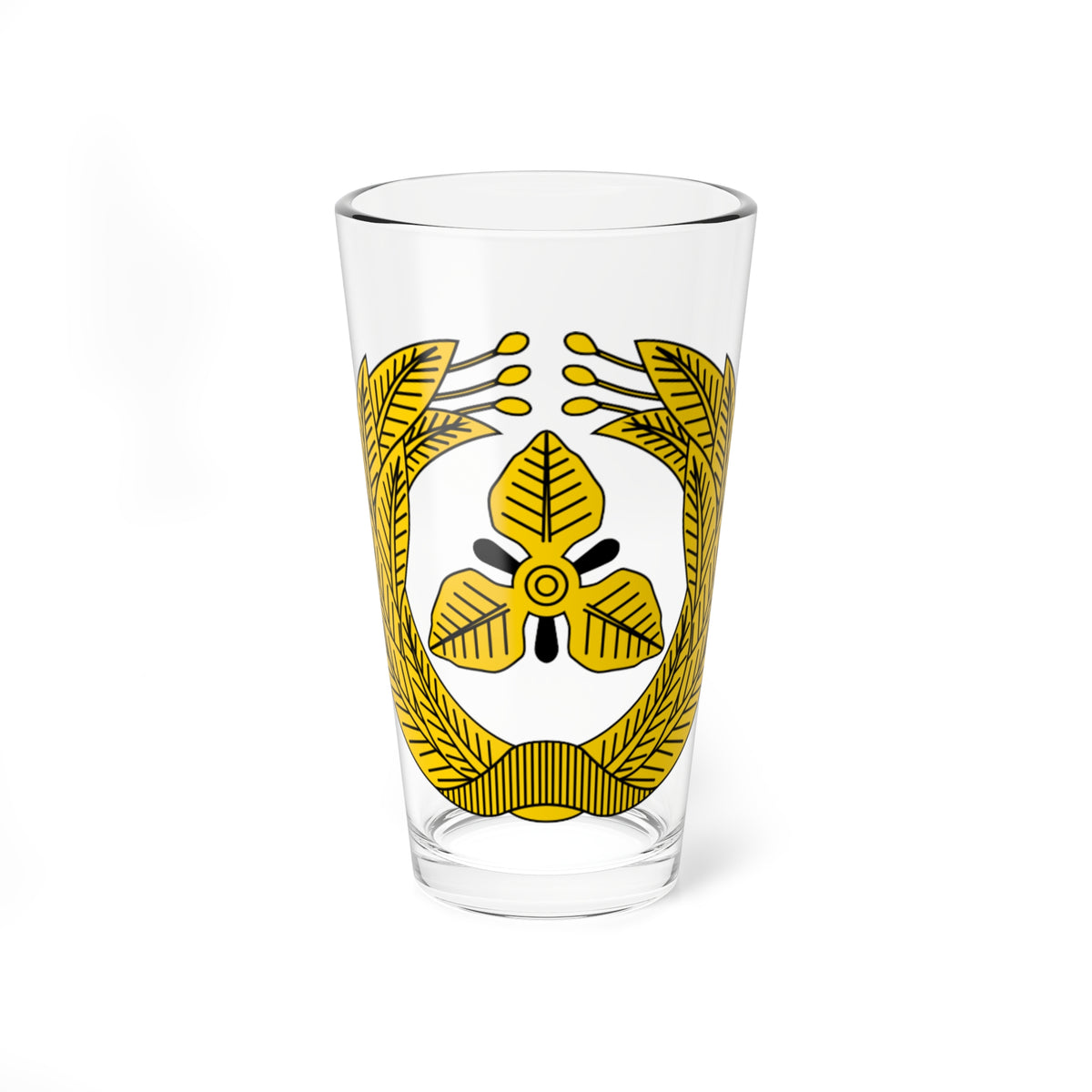 Gold laurel wreath with hatched leaf veins surrounding a central three-lobed leaf motif with black accents on white.
