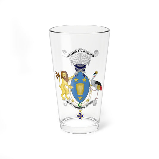 Heraldic coat of arms with a gold lion and a crowned crane flanking a blue shield with a gold drum and stars.