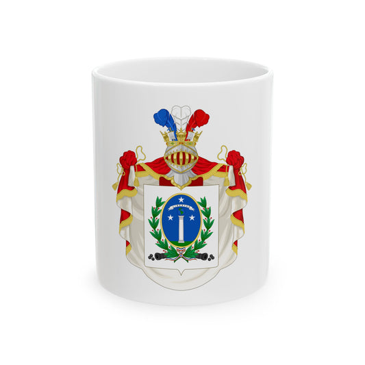 Heraldic coat of arms with a knight's helm, plumes and red mantling above a blue oval showing a column and laurel wreath.