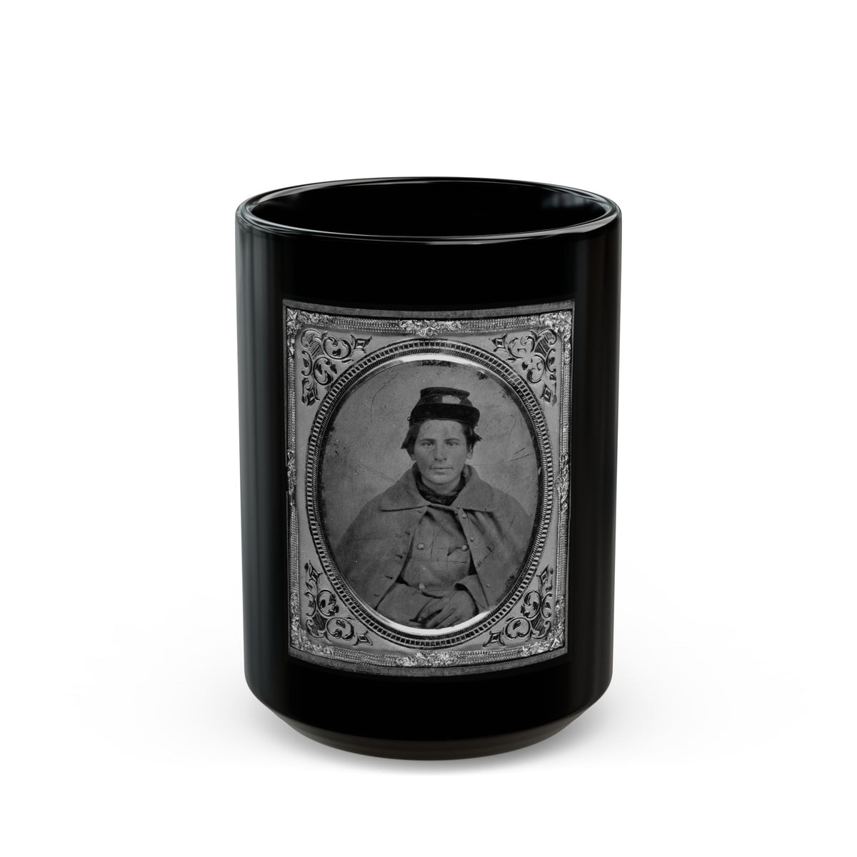 Jonas Nathan Shuler, Private, 10th Ill. Cav., U.S.A., Half-Length Portrait, Seated, Facing Front (U.S. Civil War) Black Coffee Mug