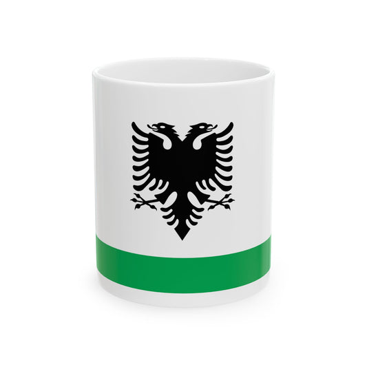 White flag with a large black double-headed eagle and a green band along the bottom edge.