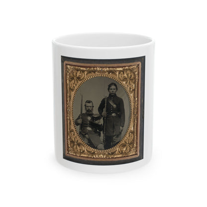 Two Unidentified Soldiers, Possibly Father And Son, In Union Uniforms And U.S. Belt Buckles With Bayoneted Muskets (U.S. Civil War) White Coffee Mug