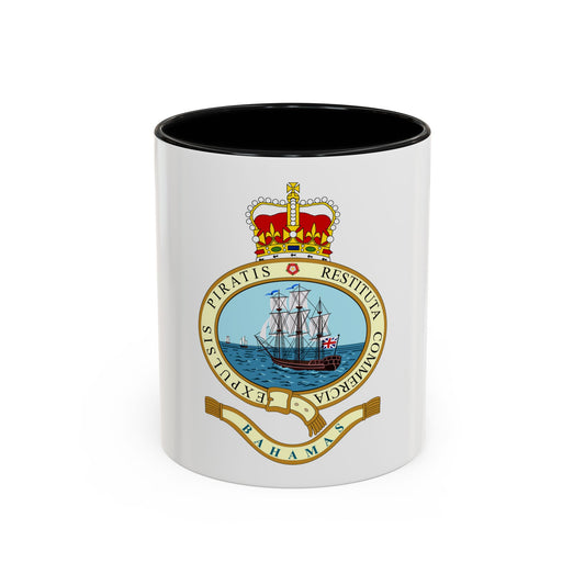 Oval badge with a three-masted ship under sail at sea, a Union Jack on the stern, a gold crown and a ribbon below.