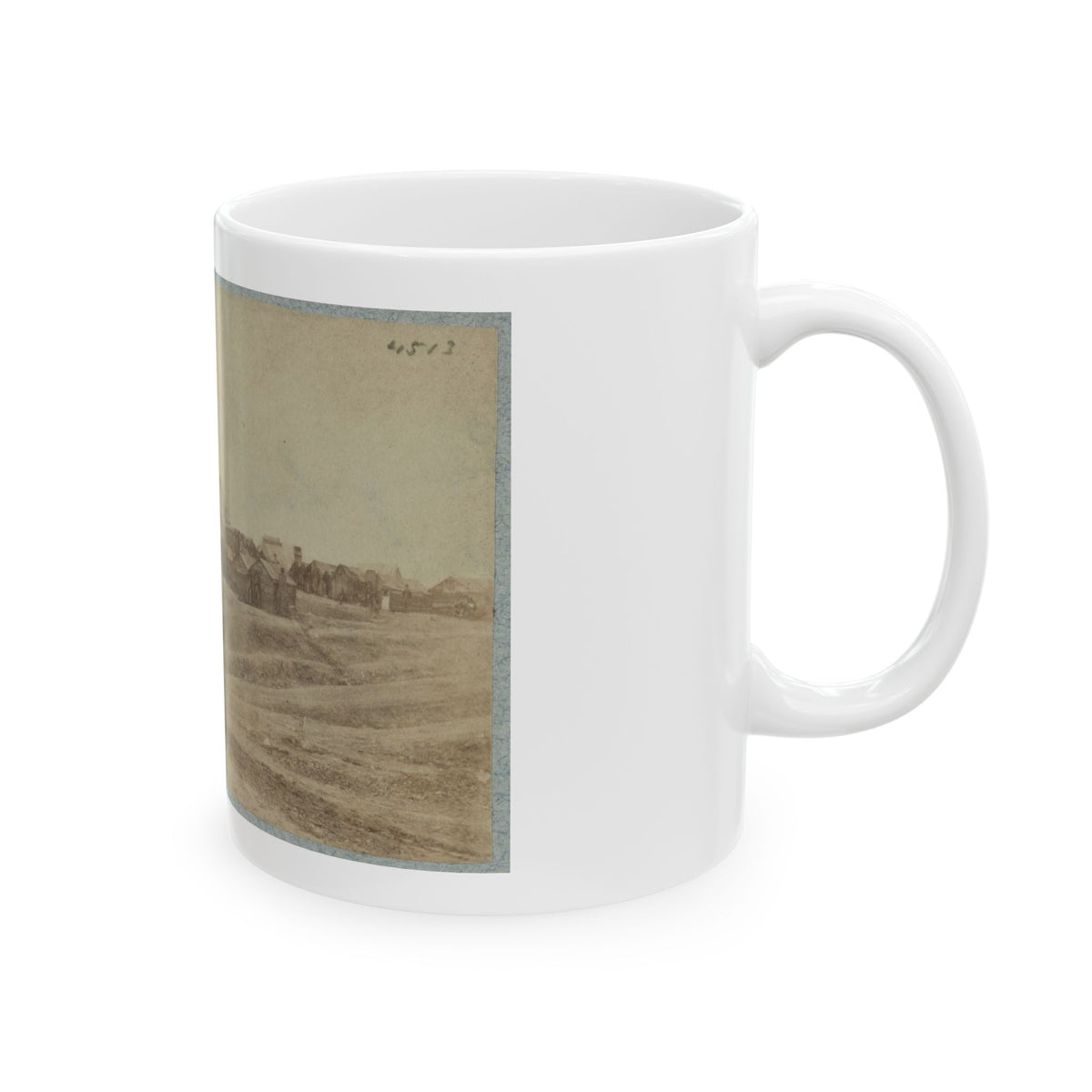 A Camp Made Up Of Small Cabins That Surround A Large Building (U.S. Civil War) White Coffee Mug