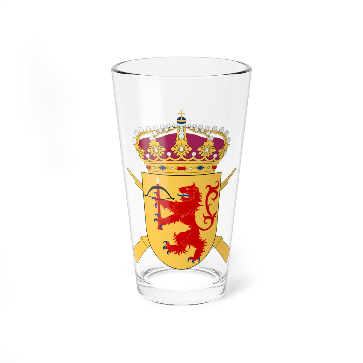 Heraldic military crest with a red rampant lion holding a bow and arrow on a gold shield under a jeweled crown.