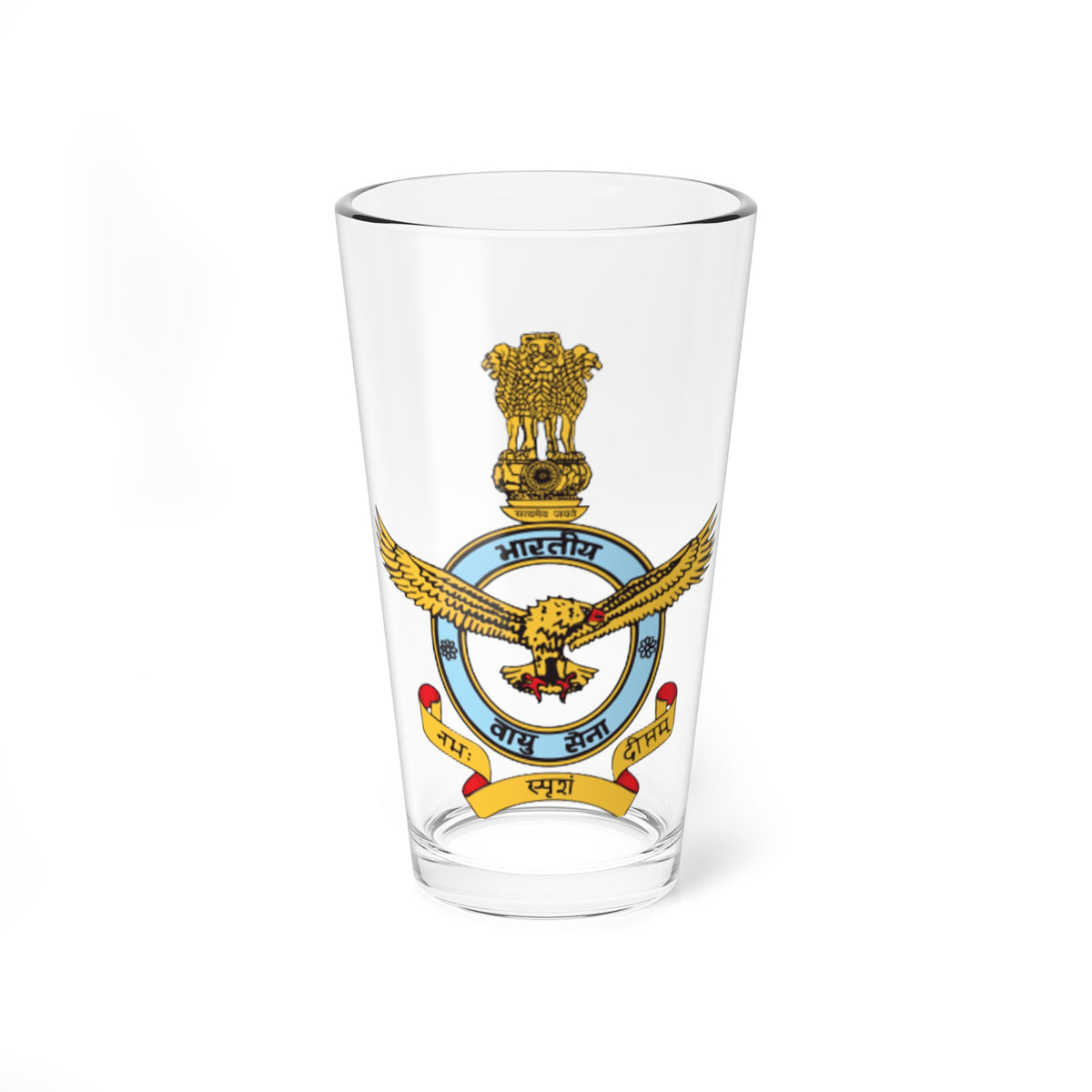Golden eagle with spread wings over a light blue roundel, with a lion capital above and a ribbon scroll below.