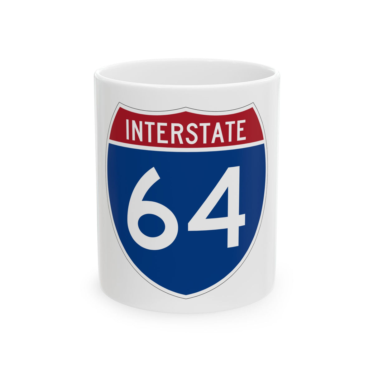 Interstate 64 route shield in blue and red, with the word INTERSTATE across the top and white numerals.
