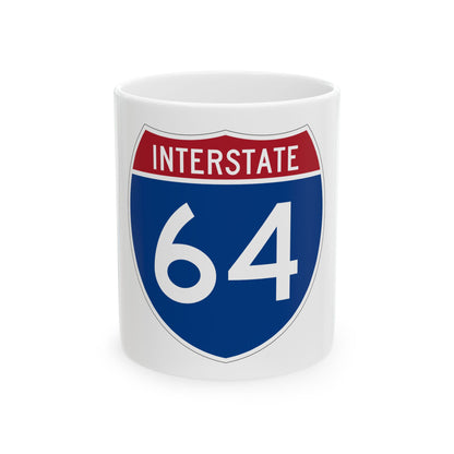 Interstate 64 route shield in blue and red, with the word INTERSTATE across the top and white numerals.