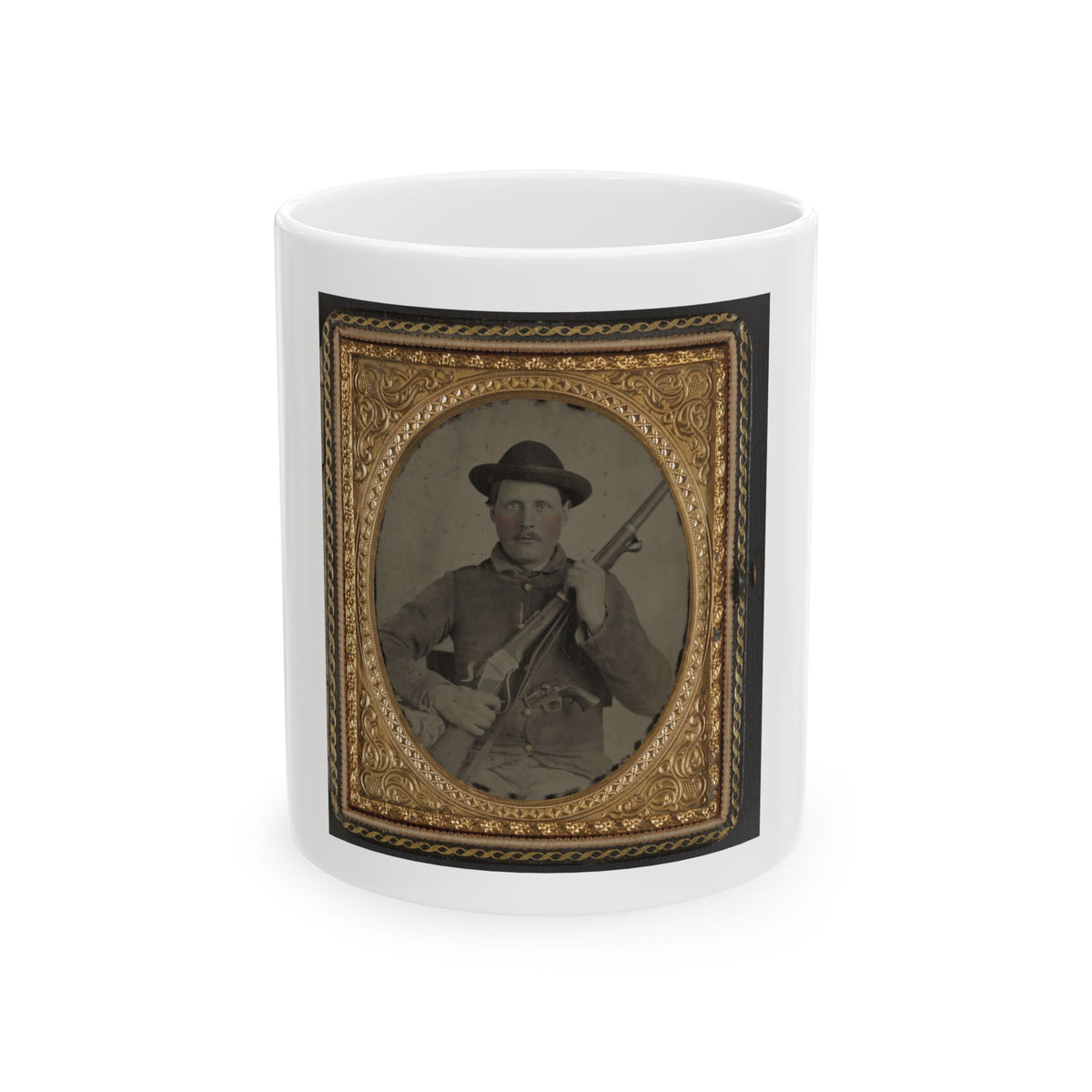 Unidentified Soldier In Confederate Uniform With Berdan's Sharps Rifle And Colt 1862 Police Model Pistol (U.S. Civil War) White Coffee Mug