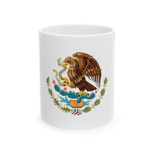 Colourful national emblem of an eagle on a cactus gripping a snake, framed by olive branches and a tricolour ribbon.