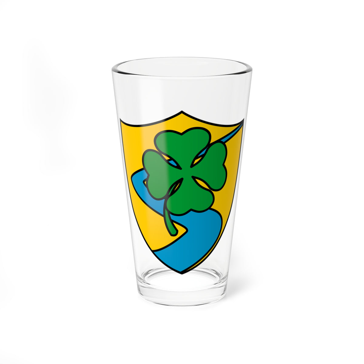 Yellow heraldic shield with a large green four-leaf clover above a blue winding river.