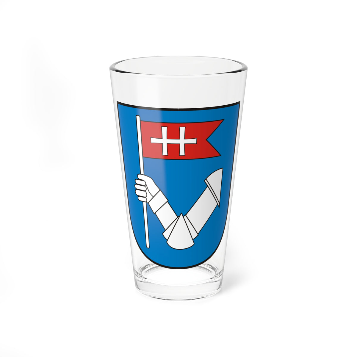 Blue shield with a white gauntleted hand gripping a staff topped by a red pennant bearing a white cross.