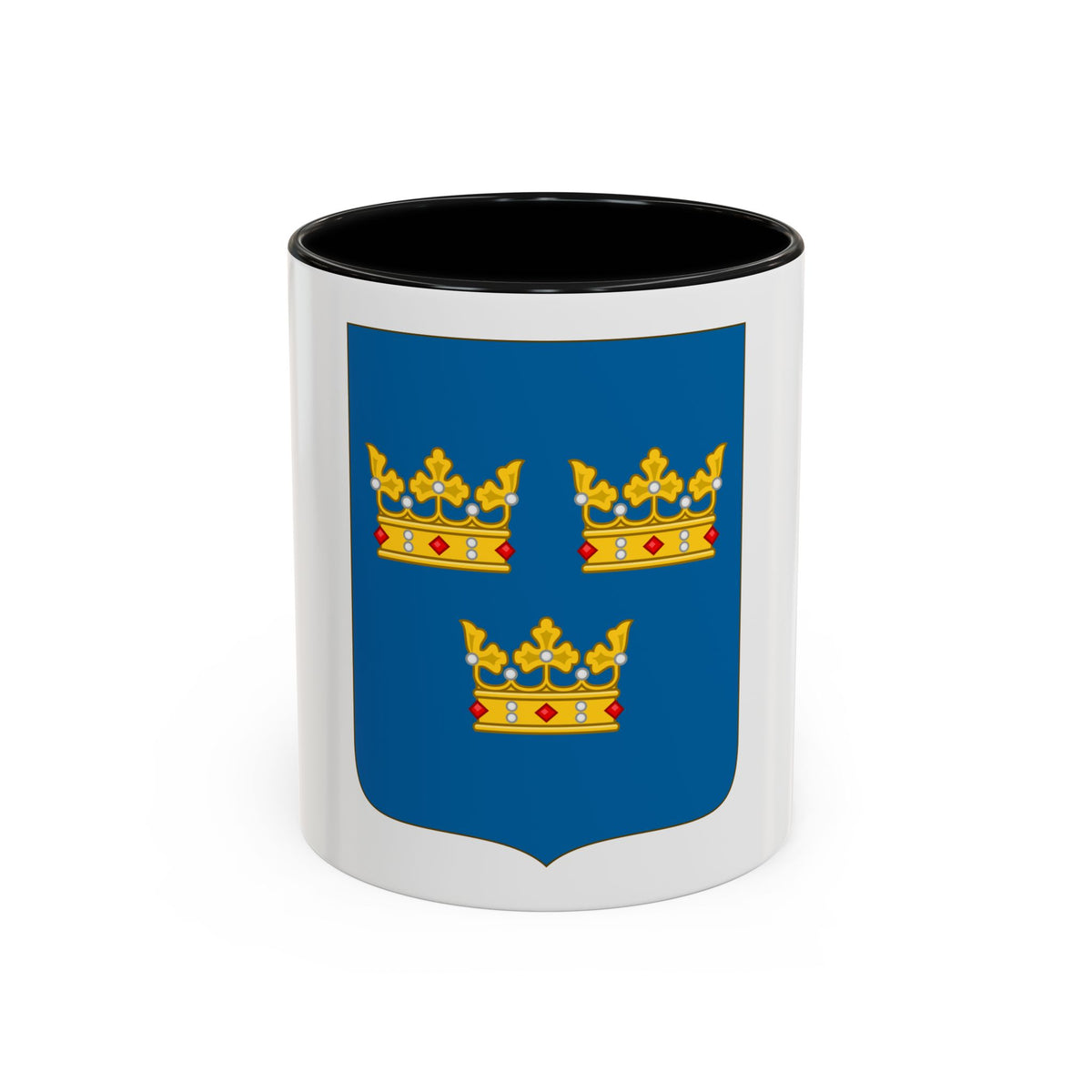 Blue heraldic shield bearing three gold crowns with red and white gems, two crowns above and one below.