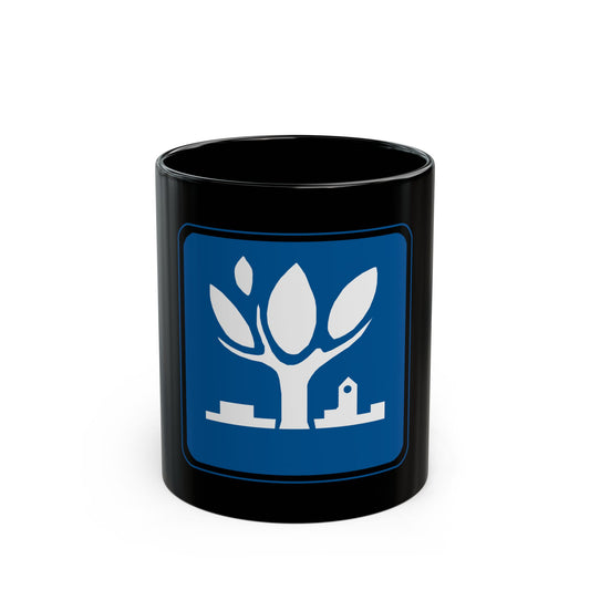 White tree and buildings pictogram on a dark blue rounded square with a white border, and no lettering.