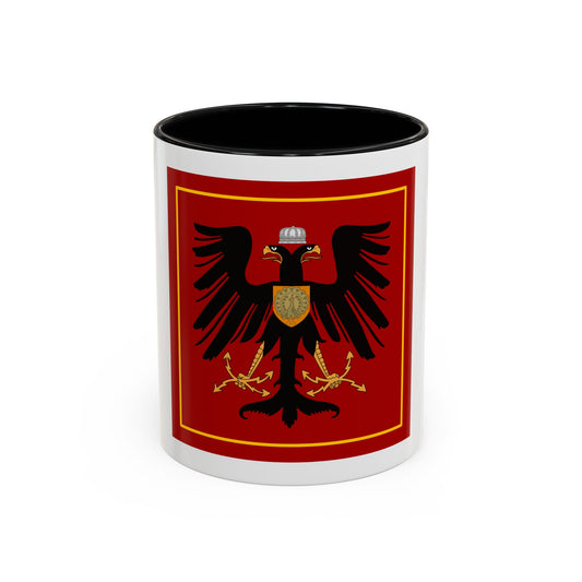 Black double-headed eagle wearing a silver crown, with a peacock shield and gold thunderbolts, on a dark red field.