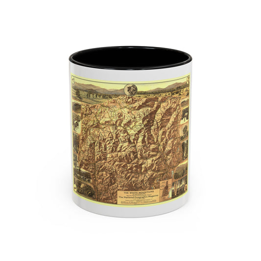 Vintage pictorial relief map of New Hampshire's White Mountains in sepia, with a steam train, waterfall and birch trees.