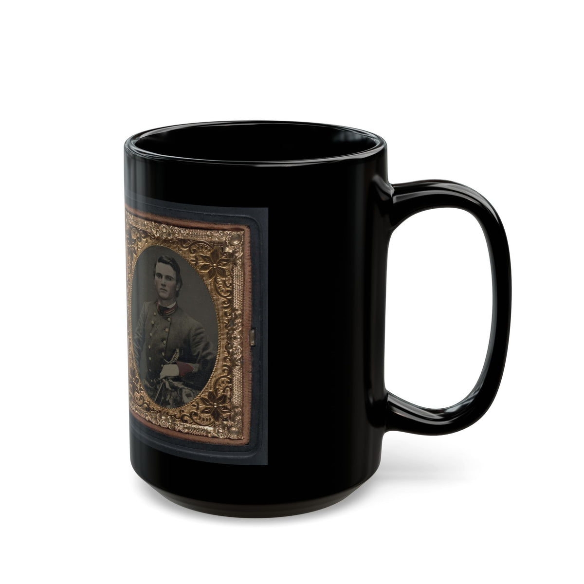 Unidentified Soldier In Confederate Artillery First Lieutenant's Uniform Holding Sword, With Lock Of Hair In Case (U.S. Civil War) Black Coffee Mug
