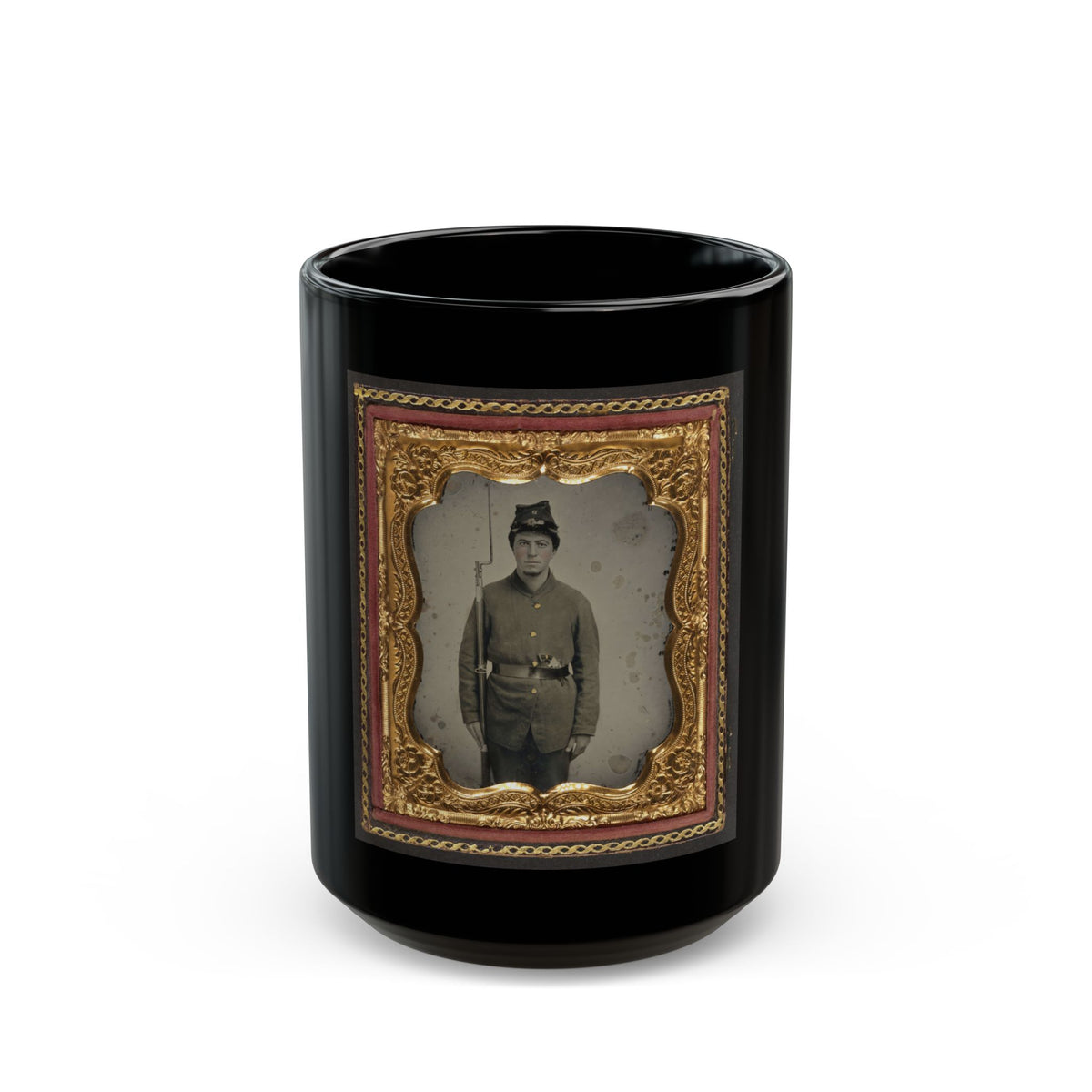 Unidentified Soldier In Union Uniform And Company D Forage Cap With A Bayoneted Musket And Revolver (U.S. Civil War) Black Coffee Mug