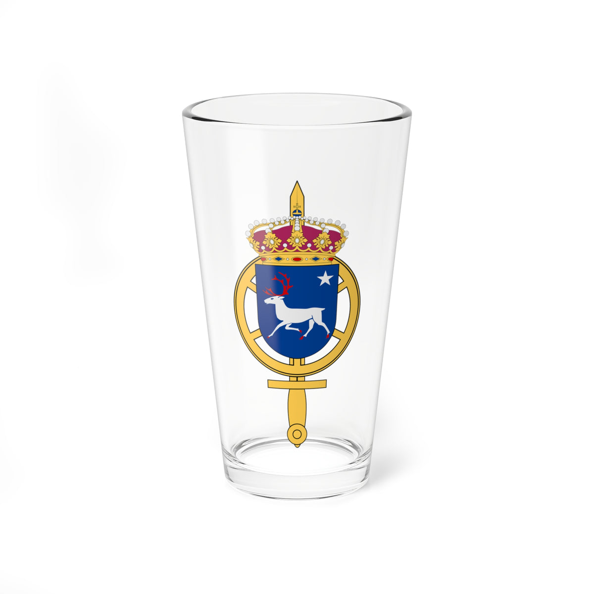 Heraldic crest with a white reindeer and white star on blue, set in a gold ring beneath a royal crown.