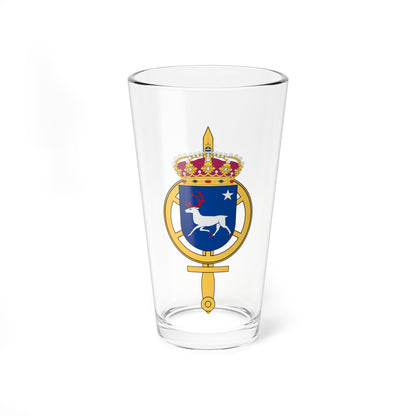 Heraldic crest with a white reindeer and white star on blue, set in a gold ring beneath a royal crown.