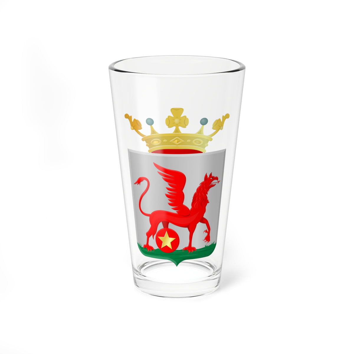 Heraldic silver shield with a red winged beast standing on a gold star roundel, set on green grass under a crown.
