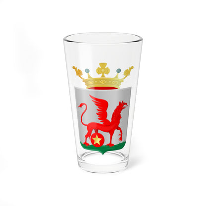 Heraldic silver shield with a red winged beast standing on a gold star roundel, set on green grass under a crown.