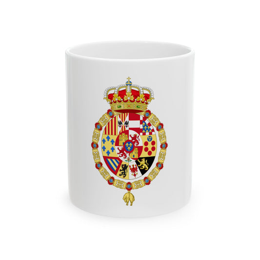 Ornate crowned royal coat of arms with quartered shields, fleurs-de-lis and rampant lions, ringed by a gold collar chain.