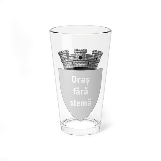 Grey heraldic shield topped by a stone castle crown, with white Romanian text reading Oraș fără stemă.