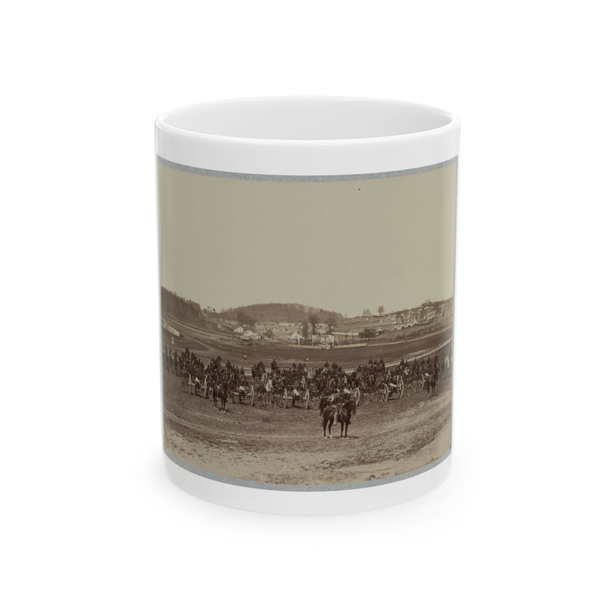 Sepia print of mounted soldiers and artillery cannons on an open field, with a distant camp beyond.