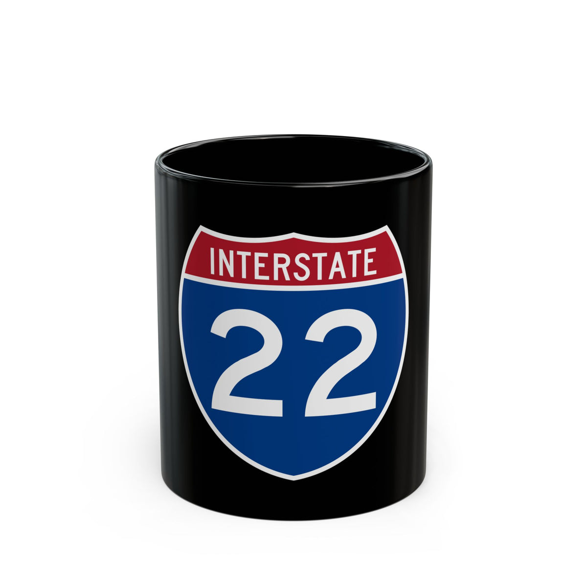 Flat vector US Interstate 22 shield with a brick red top band reading INTERSTATE over white numerals on navy.